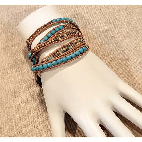 NAKAMOL Beaded Leather Wrap Bracelet Necklace Turquoise Earth Gold tones to 36" - Picture 1 of 7